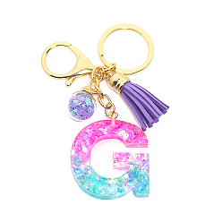 Letter G Resin Keychains, Tassel Keychain, Glass Ball Keychain, with Light Gold Tone Plated Iron Findings, Alphabet, Letter.G, 11.2x1.2~5.7cm