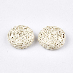 Antique White Handmade Woven Beads, Paper Imitation Raffia Covered with Wood, No Hole/Undrilled, Flat Round, Antique White, 25~28x7~8mm
