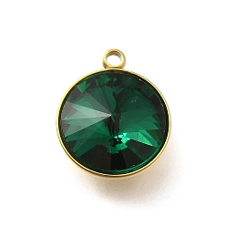 Изумруд 304 подвески из нержавеющей стали, со стразами, реальный 18 k позолоченный, ионное покрытие (ip), плоско-круглые, изумруд, 16.5x13.5x7.5 мм, отверстие : 1.6 мм