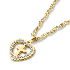 Золотой 304 из нержавеющей стали Сингапур цепи ожерелья, ожерелья с подвесками в форме сердца из горного хрусталя, золотые, 19.69 дюйм (50 см)