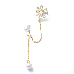 Golden Flower Cubic Zirconia Asymmetrical Earrings, Brass Ear Cuff Wrap Climber Earrings, Crawler Earrings Dangling Chain, with Silver Pins, Golden, 75x1mm, Pin: 0.7mm