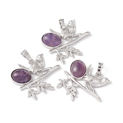 Amethyst Natural Amethyst Pendants, with Platinum Tone Brass Findings, Cadmium Free & Lead Free, Bird with Oval Charms, 29x32x6mm, Hole: 5x8mm