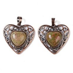 Unakite Natural Unakite Peach Love Heart Pendants, Rack Plating Brass Hollow Heart Charms, Cadmium Free & Lead Free, Red Copper, 29.5x30.5x7.5mm, Hole: 7.5x5mm