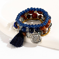 Mixed Color 7Pcs 7 Style Stackable Bracelet Sets, Glass Seed Beaded Stretch Bracelets, with Alloy Lion Owl, Mixed Color, Inner Diameter: 2-3/8~2-3/4 inch(6~7cm), 1pc/style