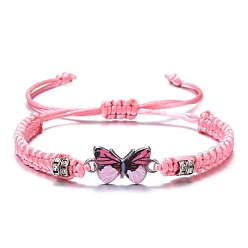 Pink Butterfly Alloy Enamel Link Bracelet with Rhinestone, Braided Adjustable Bracelet, Pink, Inner Diameter: 2-3/8 inch(6cm)