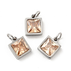 PeachPuff 304 Stainless Steel Pendants, with Cubic Zirconia and Jump Rings, Single Stone Charms, Square, Stainless Steel Color, PeachPuff, 9.5x8x3.5mm, Hole: 3.4mm