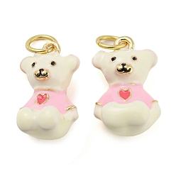 Pink Bear Rack Plating Brass Enamel Pendants, with Jump Ring, Long-Lasting Plated, Cadmium Free & Lead Free, Real 18K Gold Plated, Pink, 16x10x8mm, Hole: 3.8mm