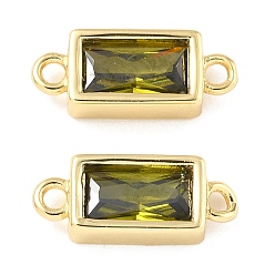 Темно-оливково-зеленый Латунные подвески-соединители из стекла в форме прямоугольника, стойки покрытие, долговечный, реальный 18 k позолоченный, темно-оливковый зеленый, 15x6x3 мм, отверстие : 1.2 мм