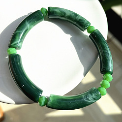 Green Acrylic Curved Tube Beaded Stretch Bracelet, Imitation Gemstone Jewelry for Women, Green