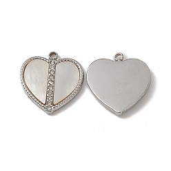 Stainless Steel Color Shell Pendants, Heart Charms, with 201 Stainless Steel Crystal Rhinestone Findings, Stainless Steel Color, 16x15x2mm, Hole: 1.5mm