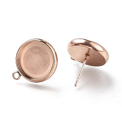 Rose Gold Ion Plating(IP) 304 Stainless Steel Stud Earring Settings, with Loop, Flat Round, Rose Gold, Flat Round: 17x14.5mm, Hole: 1.6mm, Pin: 0.8mm, Tray: 12mm