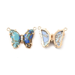 Aquamarine Brass with K9 Glass Pendants, Imitation Gemstone, Golden Butterfly Charms, Aquamarine, 17x22.5x3mm, Hole: 1.3mm