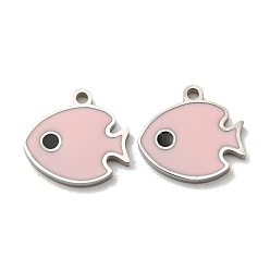 Pink 304 Stainless Steel Charms, with Enamel, Fish Charms, Stainless Steel Color, Pink, 10x11x1mm, Hole: 1mm