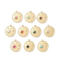 Mixed Stone Natural & Synthetic Mixed Gemstone Pendants, with Ion Plating(IP) Real 18K Gold Plated 304 Stainless Steel Micro Pave Cubic Zirconia Findings, Flat Round Charm, 17x15x3.5mm, Hole: 1mm