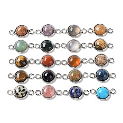 Mixed Stone Natural & Synthetic Mixed Stone Connector Charms, Half Round/Dome Links with Stainless Steel Color Plated 304 Stainless Steel Frame, 17.5x10x3.5~4mm, Hole: 2.5mm