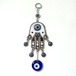 Bleu Décoration pendentif en émail en alliage turc, avec le charme de verre, main hamsa/main de miriam avec le mauvais œil, bleu, 195x30mm