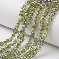 Yellow Green Electroplate Transparent Glass Beads Strands, Half Green Plated, Faceted, Rondelle, Yellow Green, 3.5x3mm, Hole: 0.4mm, about 123~127pcs/strand, 13.7~14.1 inch(35~36cm)