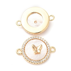 Real 18K Gold Plated Brass Micro Pave Clear Cubic Zirconia Connector Charms, with Shell, Flat Round Links with Butterfly, Real 18K Gold Plated, 14x19x4mm, Hole: 1.5mm
