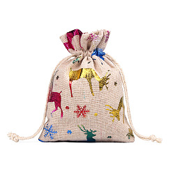 Deer Christmas Theme Linenette Drawstring Bags, Rectangle, Deer, 14x10cm