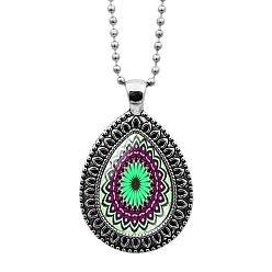 Pale Green Glass Teardrop with Mandala Flower Pendant Necklace with Ball Chains, Platinum Alloy Jewelry for Women, Pale Green, 23.62 inch(60cm)