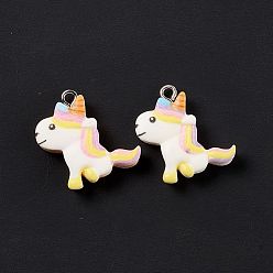 Colorful Opaque Resin Unicorn Pendants, with Platinum Tone Iron Loops, Colorful, 22x19x5.5mm, Hole: 2mm