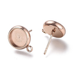 Rose Gold Ion Plating(IP) 304 Stainless Steel Stud Earring Settings, with Loop, Flat Round, Rose Gold, Flat Round: 13x10.3mm, Hole: 1.8mm, Pin: 0.8mm, Tray: 8mm