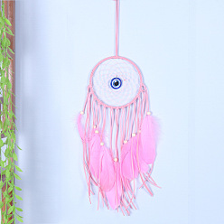 Pink Cotton and linen Woven Net/Web with Feather Wall Hanging Decoration, Glass Evil Eye and Wooden Bead Pendant Decorations, Pink, 400x130mm