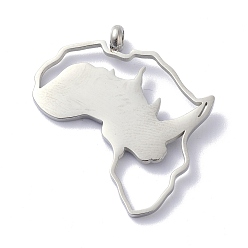 Stainless Steel Color Non-Tarnish 304 Stainless Steel Pendants, Africa Map with Rhinoceros Pattern, Stainless Steel Color, 27x24.5x1.3mm, Hole: 2mm