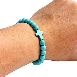 Cross Natural Turquoise Beaded Stretch Bracelets for Men Women, Cross, 5-7/8~6-1/4  inch(15~16cm)