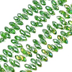 Зеленый лайм Гальваническое стекло граненые капли нитей, сверху просверленные бусы, с покрытием AB цвета, зеленый лайм, 11.5~13x6 мм, отверстие : 1 мм, около 92~95 шт / нитка, 17.5~19 дюйм