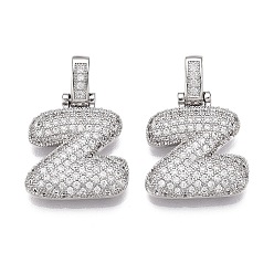 Letter Z Латунные микропаве прозрачные подвески с фианитом, платина, Письмо Z, 31x21x5 мм, отверстие : 3x6 мм