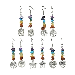 Mixed Shapes Natural & Synthetic Mixed Stone Chips Dangle Earrings, Tibetan Style Alloy Tree of Life Drop Earrings with 316 Surgical Stainless Steel Pins, Mixed Shapes, 68~69x14~21mm