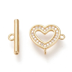 Real 18K Gold Plated Brass Micro Pave Clear Cubic Zirconia Toggle Clasps, Long-Lasting Plated, Heart & Bar, Real 18K Gold Plated, Heart: 11.5x12.5x2mm, Hole: 1mm, Bar: 13.5x4x2mm, Hole: 1.4mm