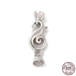 Real Platinum Plated Rhodium Plated 925 Sterling Silver Lobster Claw Clasps with Cord End, Musical Note, with 925 Stamp, Real Platinum Plated, Clasp: 17.5x9x2.5mm, Cord End: 6.5x6x5.5mm, Inner Diameter: 4mm
