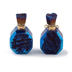 Blue Plated Electroplated Natural Druzy Agate Openable Perfume Bottle Pendants, Faceted Perfume Bottle Charms, with Golden Tone Brass Findings, Blue Plated, 35~37.5x20x13.5~14.5mm, Hole: 1.8mm