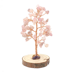 Rose Quartz Natural Rose Quartz Chips Tree Decorations, Wood Base with Copper Wire Feng Shui Energy Stone Gift for Home Office Desktop Decoration, 120mm