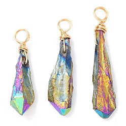 Light Gold Electroplated Raw Rough Natural Quartz Crystal Copper Wire Wrapped Pendants, Rainbow Plated Teardrop Charms, Light Gold, 27~34.5x7~8x4.5~6mm, Hole: 3.5mm