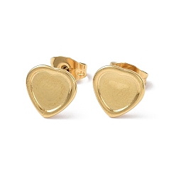 Real 18K Gold Plated Ion Plating(IP) 304 Stainless Steel Stud Earring Finding, Earring Settings, Heart, Real 18K Gold Plated, Tray: 7x7mm, 9x9mm, Pin: 0.8mm