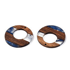 Royal Blue Transparent Resin & Walnut Wood Pendants, Donut Charms, Royal Blue, 38x3.5mm, Hole: 2mm