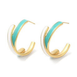 Medium Turquoise Rack Plating Brass Criss Cross Stud Earrings for Women, Real 18K Gold Plated, Lead Free & Cadmium Free, Medium Turquoise, 30x10mm