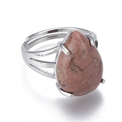 Rhodochrosite Adjustable Natural Rhodochrosite Finger Rings, with Platinum Plated Brass Findings, Teardrop, Size 8, Inner Diameter: 18mm