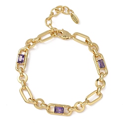 Фиолетовый Браслет-цепочка из латуни в виде кольца и скрепки с микропаве из кубического циркония для женщин., реальный 18 k позолоченный, без кадмия и без свинца, стойки покрытие, долговечный, фиолетовые, 6.89 дюйм (17.5 см)