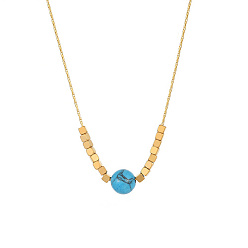 Deep Sky Blue Stainless Steel Pendant Necklace for Women, Round & Cube, Golden, Deep Sky Blue, 15-3/4 inch(40cm)