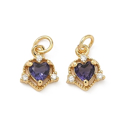 Розовато-лиловый Латунные микро проложить кубического циркония подвески, сердце прелести, без свинца и без кадмия, стойки покрытие, долговечный, реальный 18 k позолоченный, розовато-лиловый, 10x8x3 мм, Перейти кольцо: 4x0.8 мм, 2.5 мм внутренним диаметром