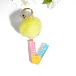 Letter V Resin Keychains, Pom Pom Ball Keychain, with KC Gold Tone Plated Iron Findings, Letter.V, 11.2x1.2~5.7cm