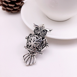 Antique Silver Brass Bead Cage Pendants, Hollow Owl Charms, for Chime Ball Pendant Necklaces Making, Antique Silver, 18mm