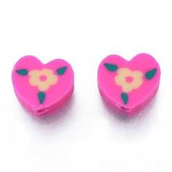 Hot Pink Handmade Polymer Clay Beads, Heart with Flower, Hot Pink, 9~9.5x10~10.5x4.5~5mm, Hole: 1.6mm
