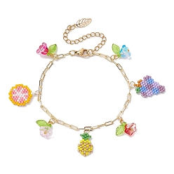 Colorful Fruit & Flower Glass Seeds Charm Bracelets, with Golden Brass Paperclip Chains, Colorful, 7-1/8 inch(18cm)