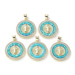 Flat Round Rack Plating Brass Micro Pave Clear Cubic Zirconia Pendants, with Synthetic Opal, Cadmium Free & Lead Free, Long-Lasting Plated, Real 18K Gold Plated, Flat Round, Flat Round, 25x22.5x4.5mm, Hole: 5x3.2mm