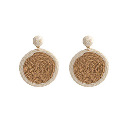 E4421-5 Handmade Round Earrings with Woven Raffia and Ethnic Vintage Charm Pendant